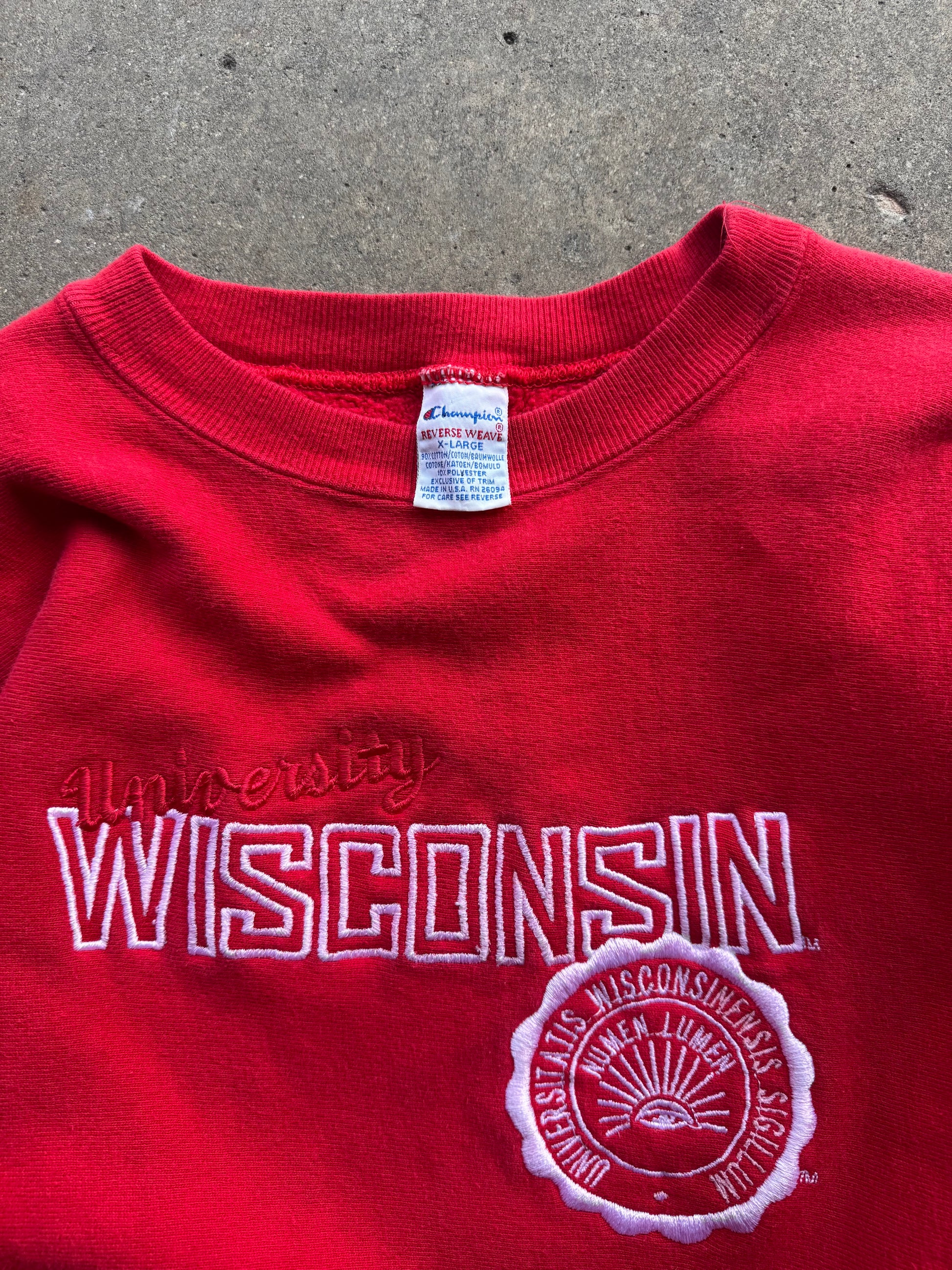(XL) 90s Champion University of Wisconsin Red Reverse Weave Crewneck