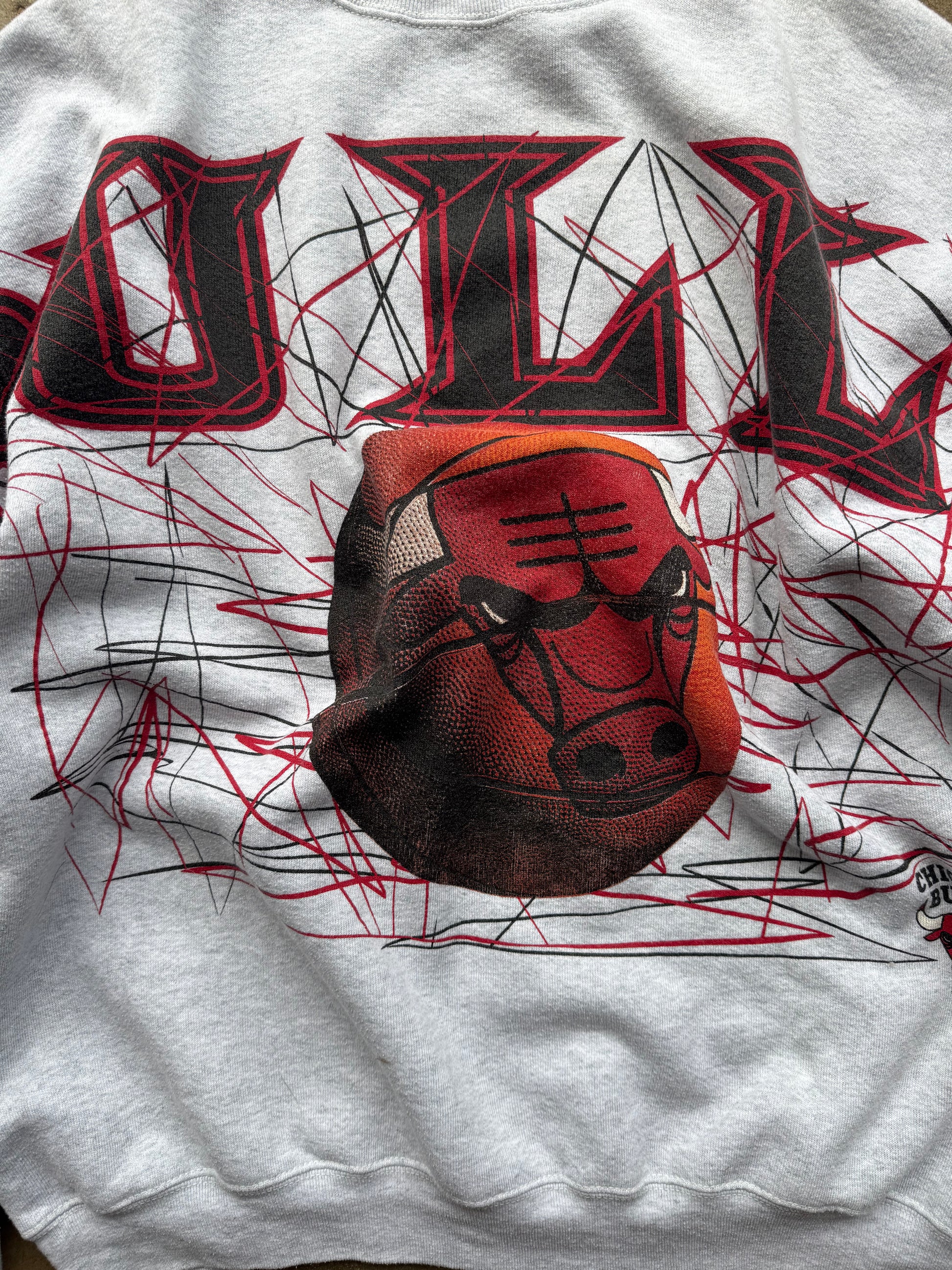 (XL) 90s Chicago Bulls AOP Spell-Out Crewneck